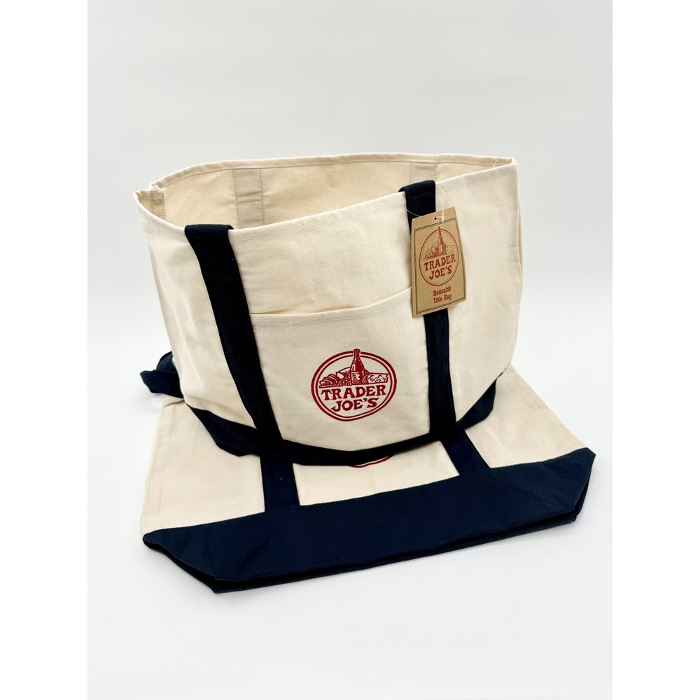 Trader Joes Reusable Canvas Tote Bag Navy Blue Cream Cotton Blend Grocery 2 Pack
